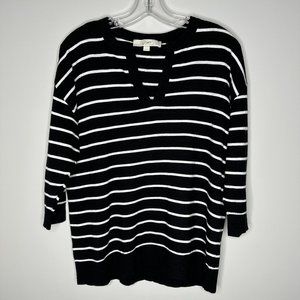 LOFT Size SP Black with White Stripes Split-Neck 3/4 Sleeve Top